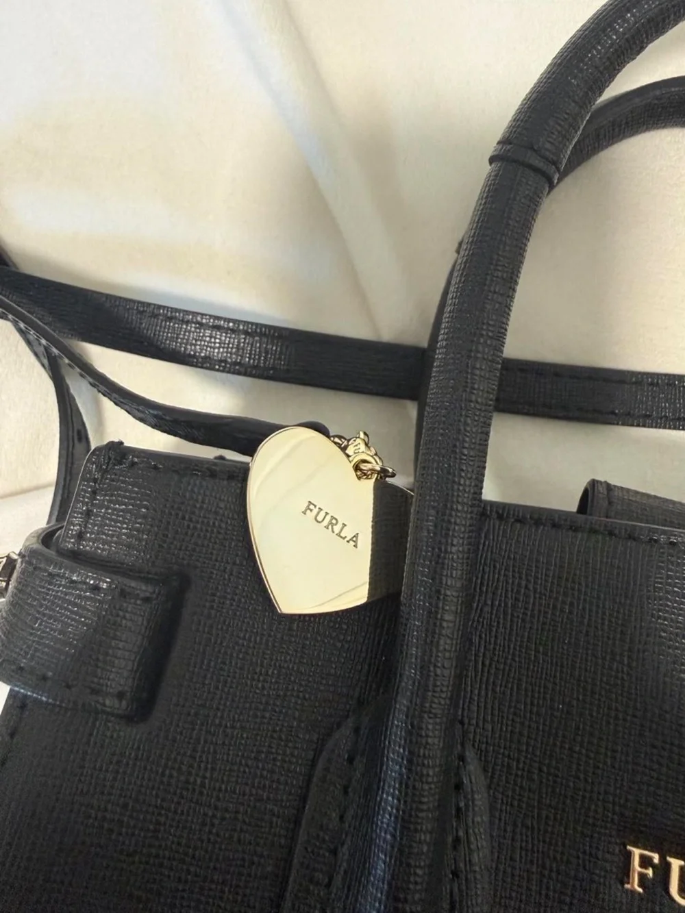 Furla Pin Small Black Saffiano Leather Tote Crossbody Bag + Heart Charm NWOT